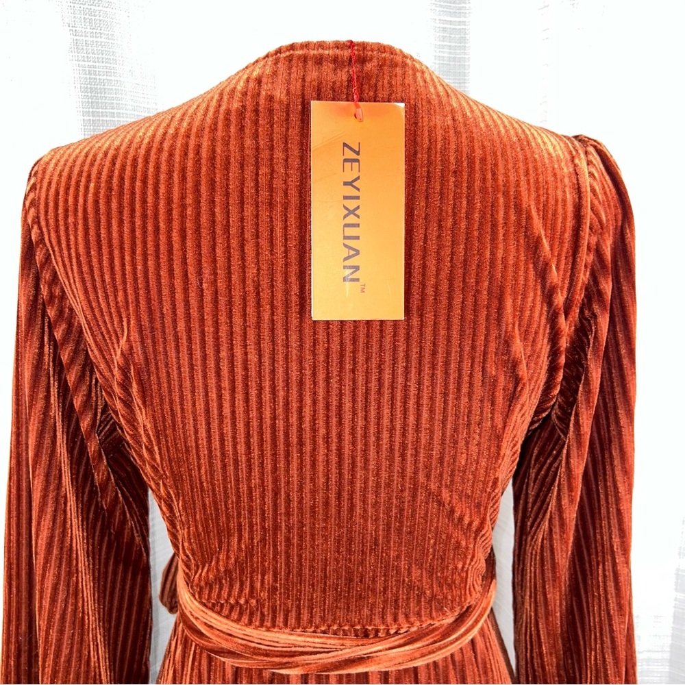 NWT Burnt Orange Ribbed Wrap Dress Long Sleeves Small - Picture 8 of 16